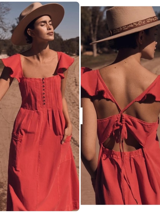 Anthropologie Dresses & Skirts - Anthropologie Pilcro flutter sleeve coral midi dress linen cotton